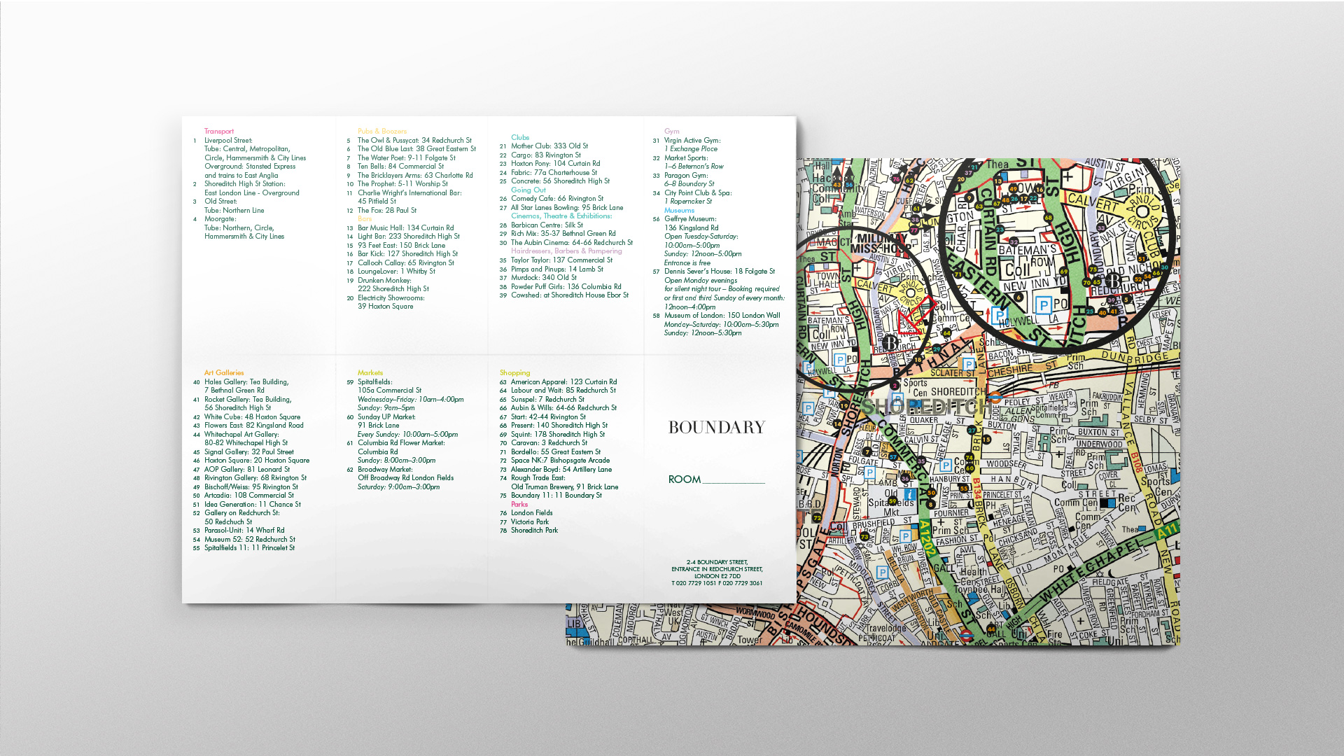 Pocket-sized local area map with points of interest and transport links.