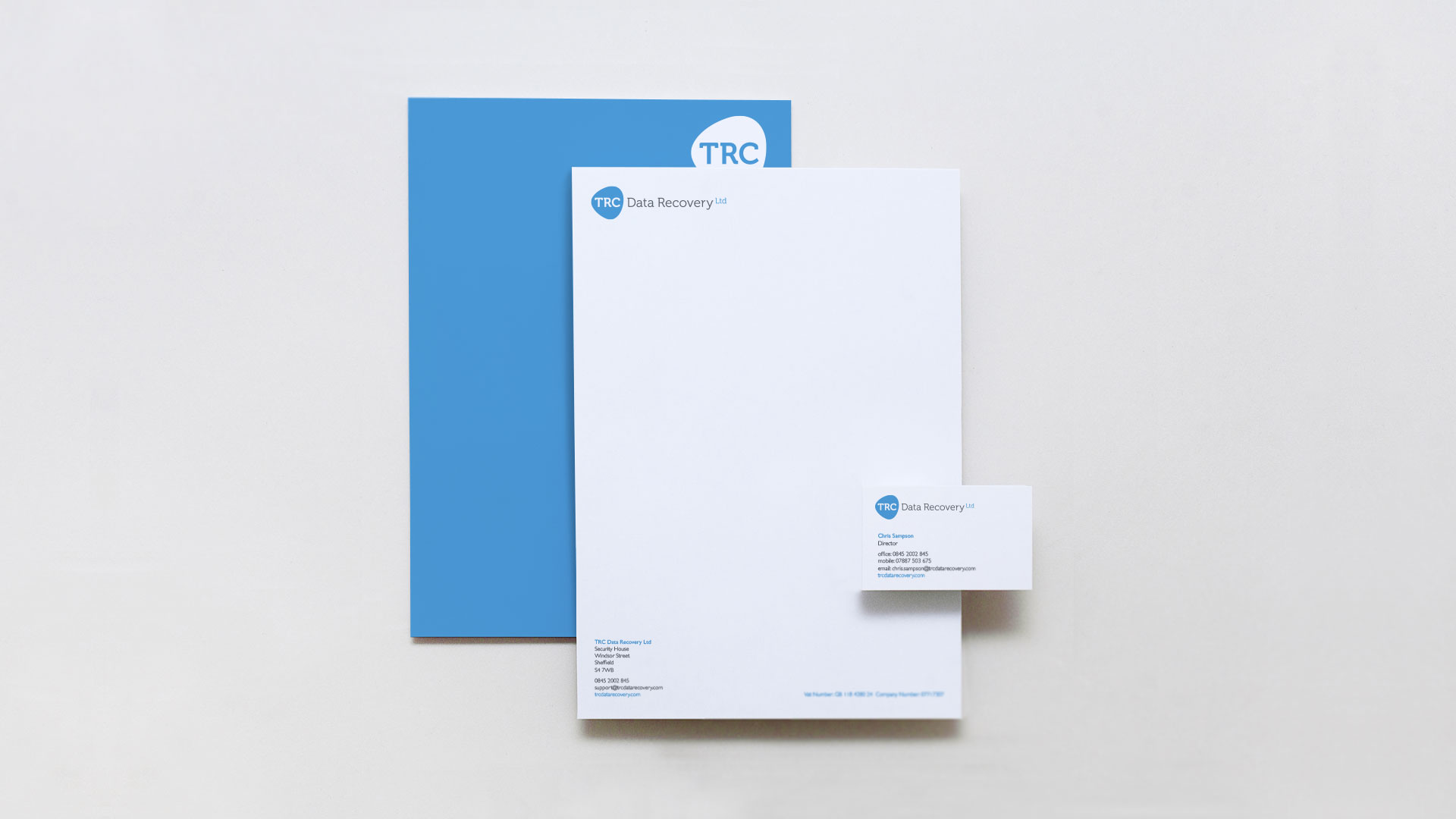 Business stationery and logo visual branding for TRC Data Recovery.